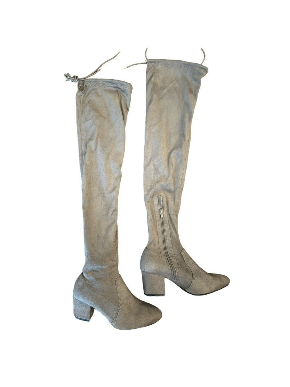 Qupid Over the Knee Faux Suede Block Heel Stretch Shaft Taupe Grey Boots